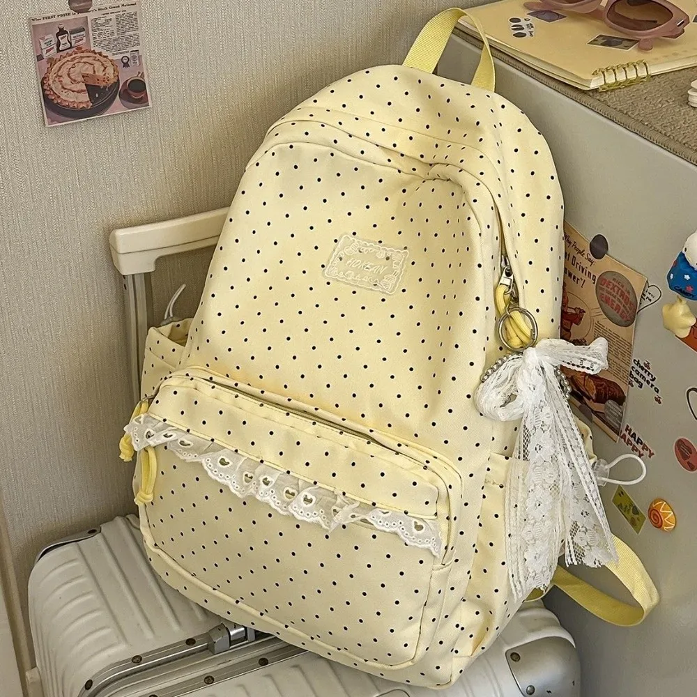 sac à dos de voyage à pois tendance avec dentelle, grande capacité, cartable d'étudiant, sac à dos multi-poches en nylon pour ordinateur portable