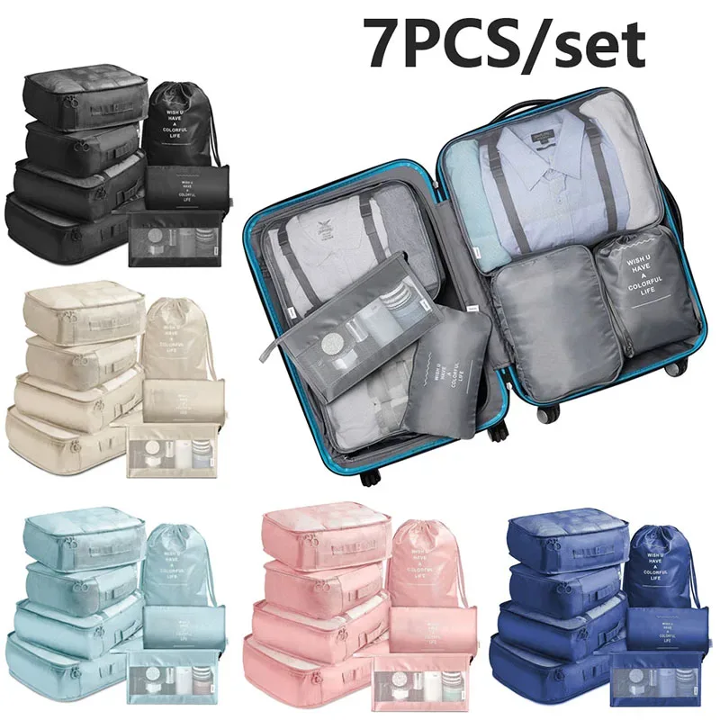 sacs de rangement pour organisateur de voyage, 7 pièces, cube de garde-robe, valise, ensemble de cubes d'emballage, bagages, vêtements, pochette à chaussures pliante