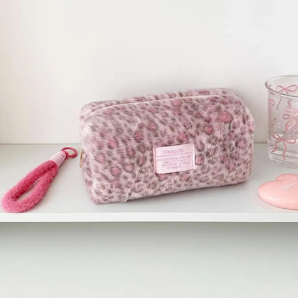 sacs à maquillage en peluche à imprimé léopard avec poignée, sac de rangement cosmétique de voyage portable, trousse de toilette, trousse à crayons mignonne, sac à main tendance