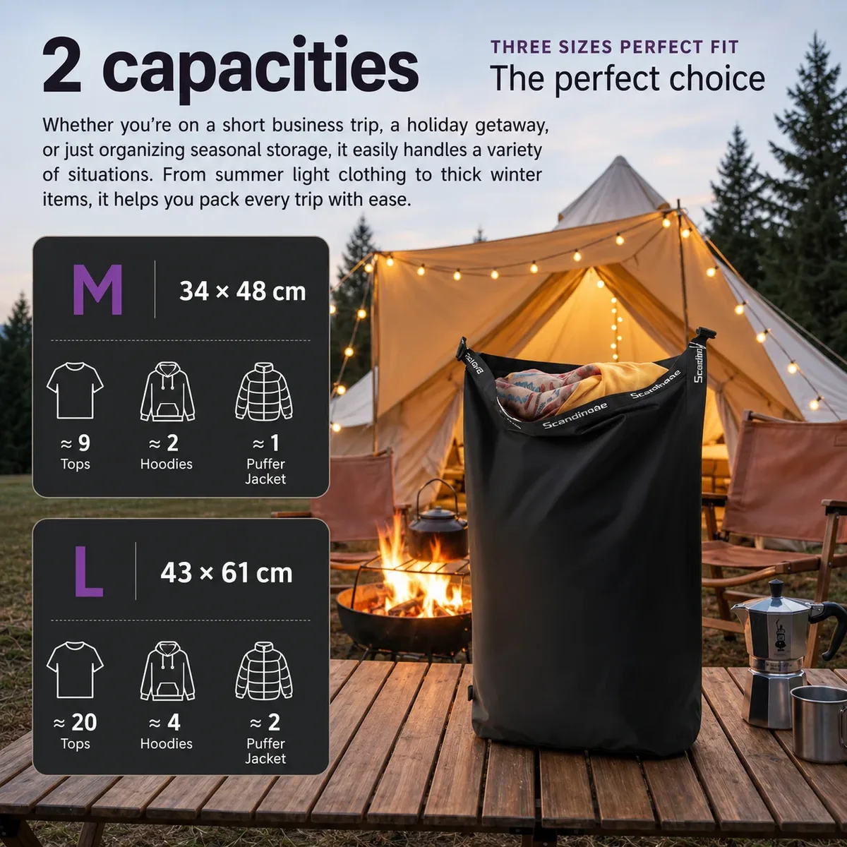 Sac de compression sous vide pour glamping, pas de pompe nécessaire, organisateur d'équipement imperméable pour sac de couchage, doudoune, Vanlife, économiseur d'espace
