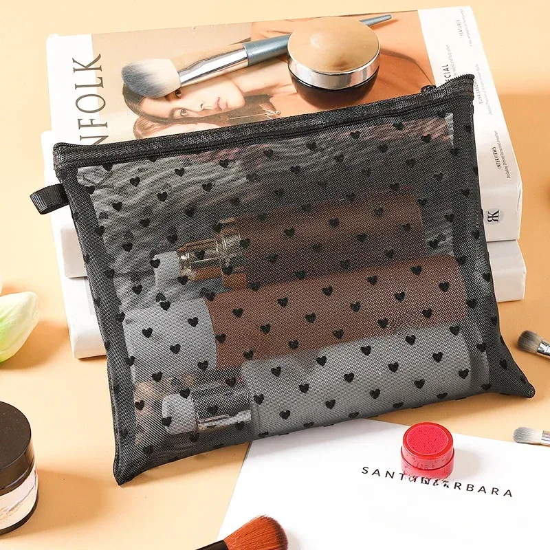 sacs à cosmétiques transparents en maille, petite et grande trousse de maquillage noire, trousse de toilette de voyage portable, trousse de rangement pour rouge à lèvres, poudres, 1pc