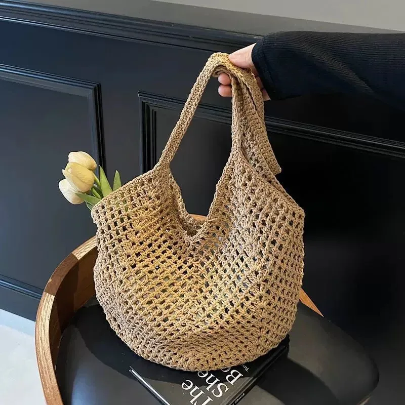sac fourre-tout tissé respirant, sac à bandoulière de plage, sac de voyage décontracté ajouré pour les sorties d'une journée, la piscine et la plage