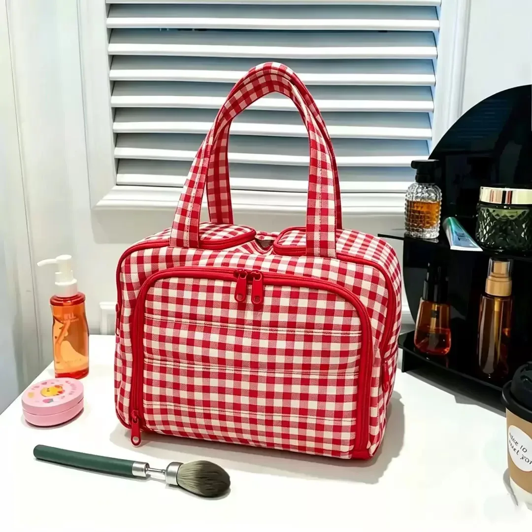 grande trousse de maquillage de voyage 180 ° organisateur de toilette à large ouverture, trousse à cosmétiques rembourrée résistante à l'eau avec poignée pour bouteilles pleines grand format