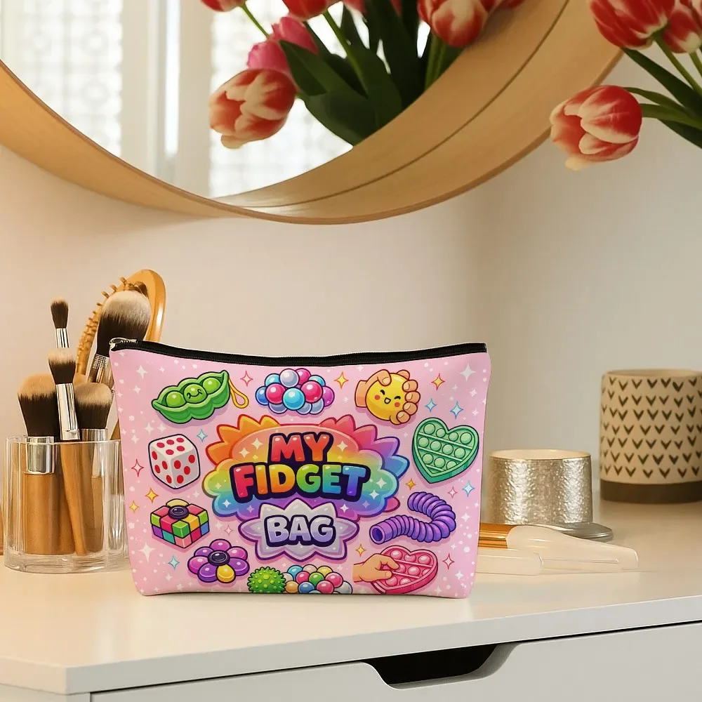 trousse de maquillage ludique pop art avec motif icônes fidget toy, organisateur de voyage pour articles de toilette à motif floral, pochette cosmétique portable