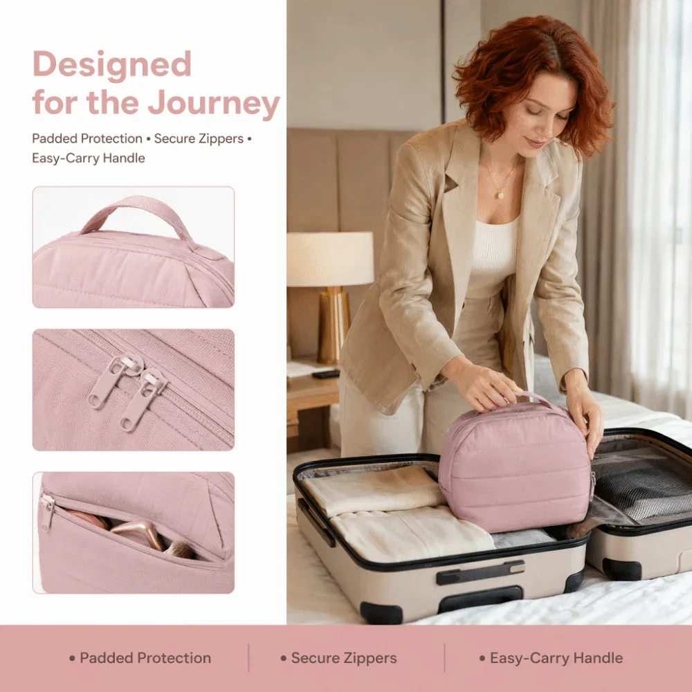 sac de maquillage de voyage pliable, multi-compartiments, séparateurs réglables, pochette de toilette, porte-pinceaux, fermeture à glissière, organisateur de maquillage