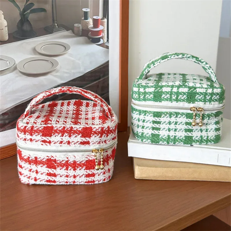 cadeau de noël, mini sac cosmétique en tweed mignon, petite bourse à monnaie, sac à rouge à lèvres, trousse de toilette, sac de voyage portable avec fermeture éclair, sac à main
