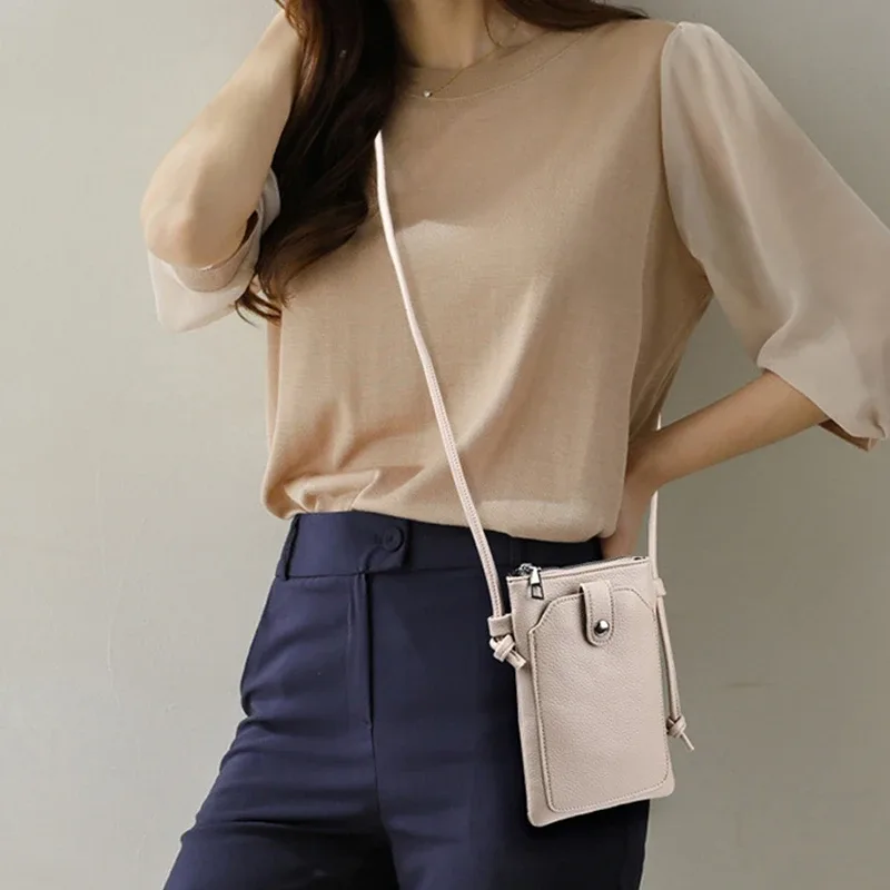 sac croisé diagonale en cuir pu pour femmes, couleur unie, portable, double couche, boucle, mini portefeuille pour téléphone, sac à bandoulière