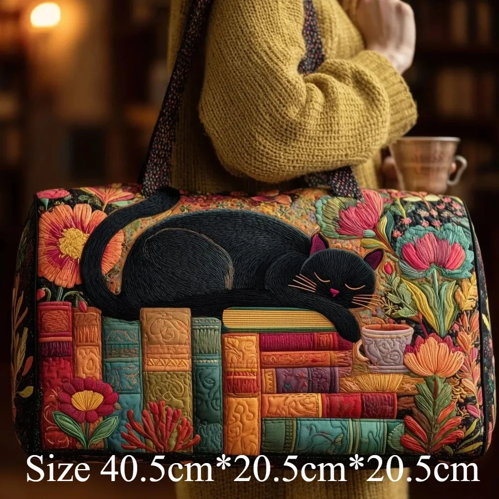 sac fourre-tout matelassé 3d mignon avec motif chat, citrouille d'halloween, feuilles d'automne et fleurs, sac à main de voyage unique, cadeau pour les amoureux des chats, sac à bandoulière