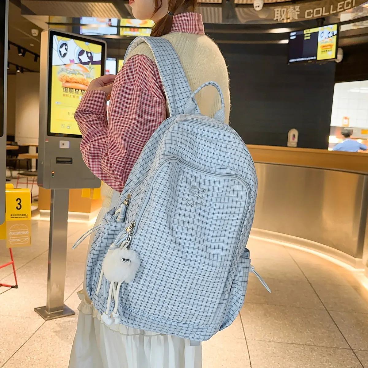sac à dos coréen à carreaux avec cordon de serrage, grande capacité, pour étudiants et navetteurs, en nylon léger, sac à livres décontracté en forme de seau avec fermeture éclair, couleur foncée
