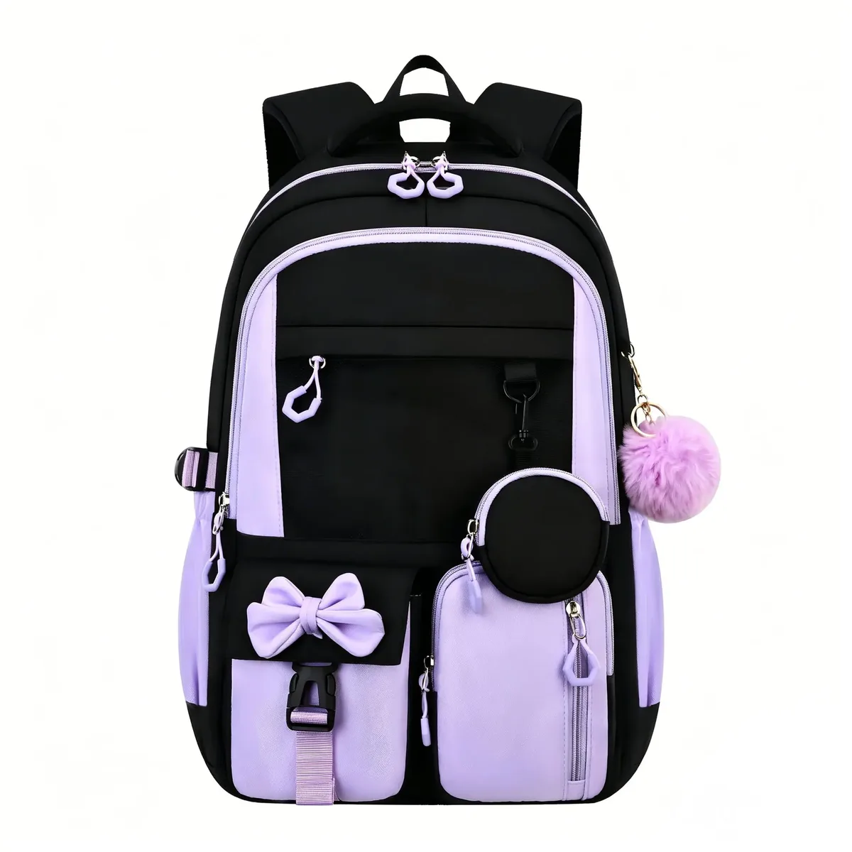 sac dos oxford polyester noir accents roses noeud papillon poche limon ceinture coussin air style préppy jacquard usage école voyage