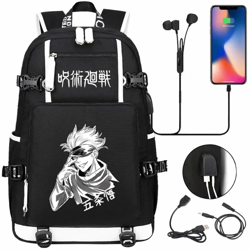 jujutsu kaimmer-sacs à dos college pour hommes et femmes, cartable anime pour adolescents, port de charge usb décontracté, sacs d'extérieur pour ordinateur portable, noir, mochila
