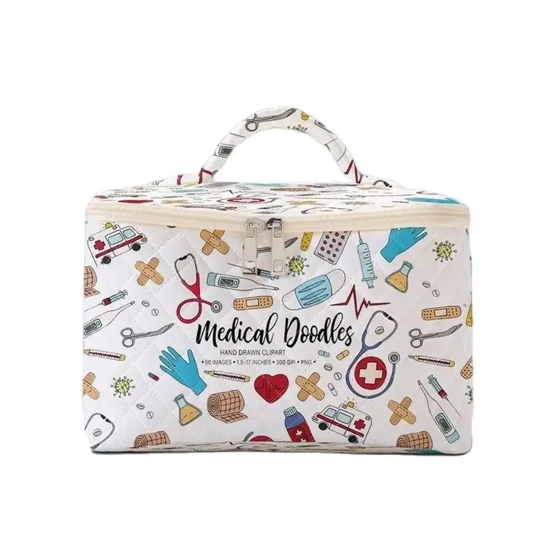 trousse polyester cosmétiques motifs médicaux blanc voyage petite taille maquillage seringues bandages stéthoscopes ambulances