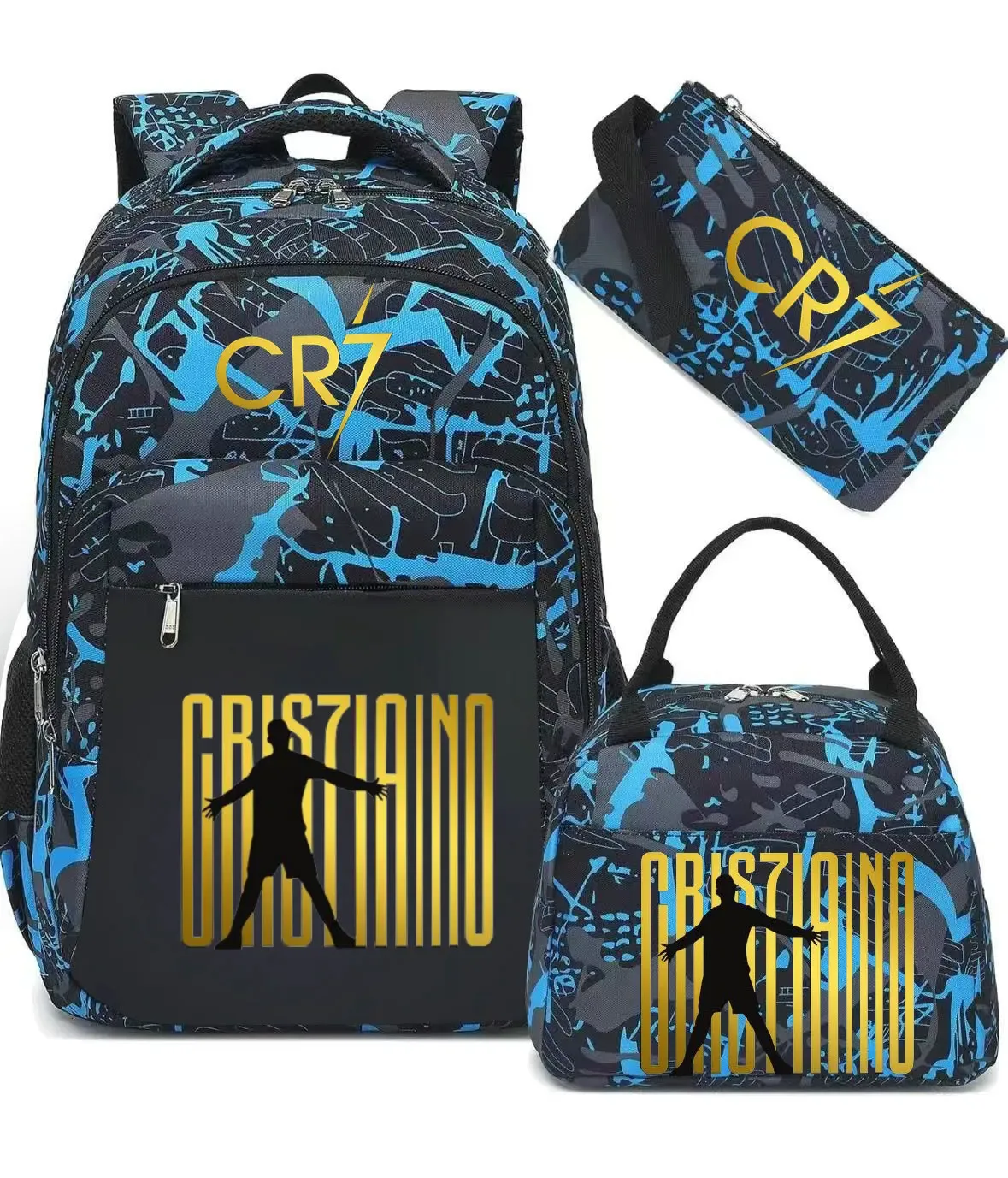 sac polyestere noir motif graphique sac dos pochette lunch cr7 cristiano voyage école adolescents femmes hommes