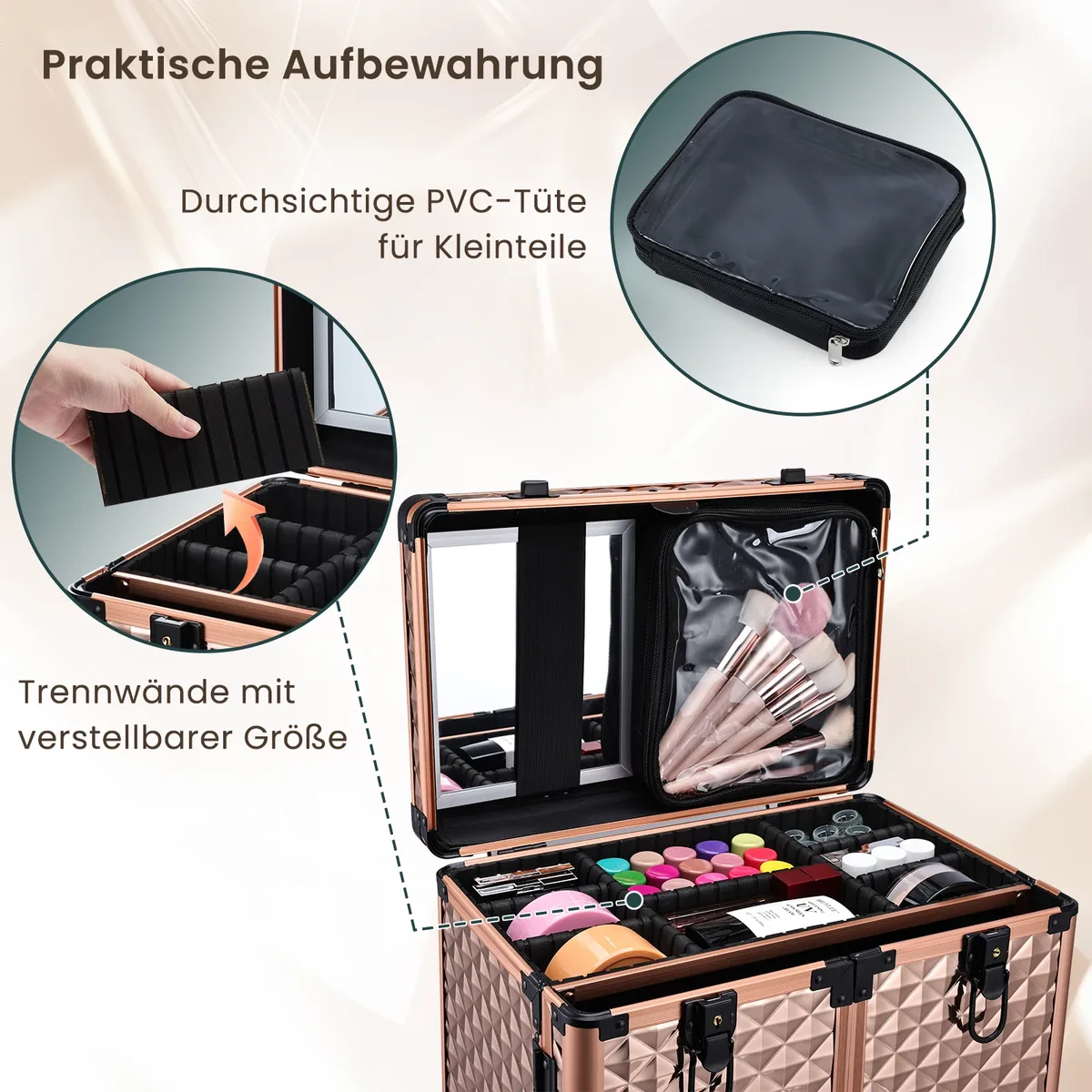 trolley de maquillage professionnel à roulettes avec grand tiroir profond et 4 plateaux, chariot de maquillage roulant, valise pour tatoueurs, barbiers et ongleries, station de maquillage, valise de cosmétologie à roulettes, table de manucure roulante