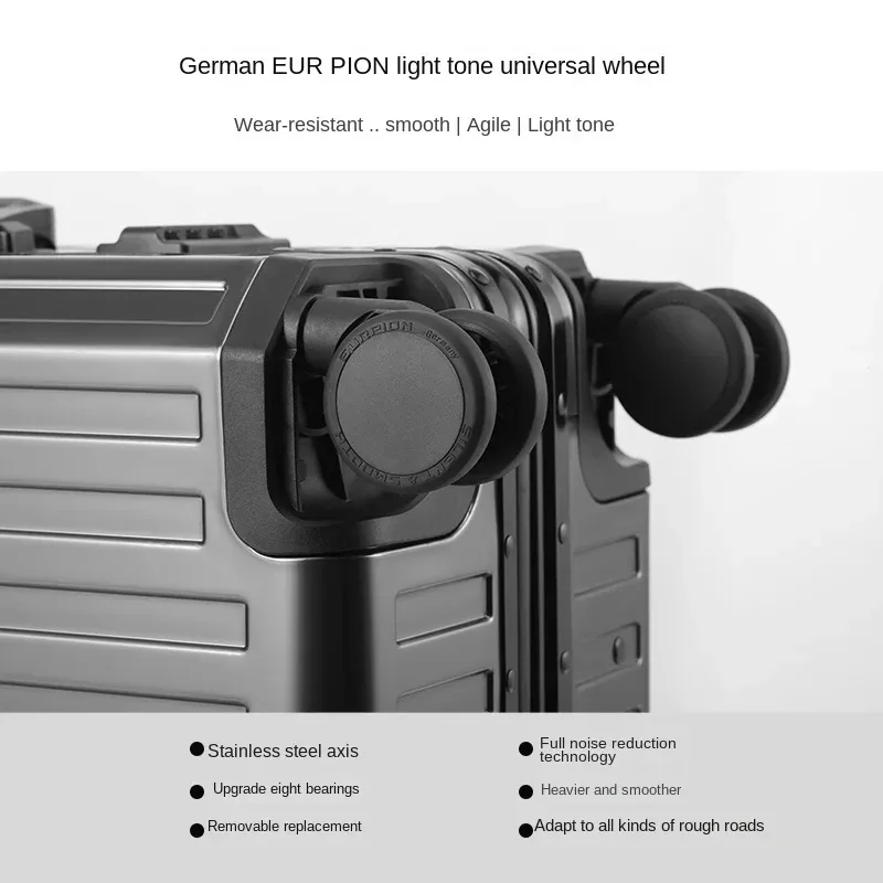 valise à roulettes en alliage aluminium-magnésium 100%, valise de voyage en aluminium, valise à roulettes en métal, roues universelles, valise à roulettes avec serrure à code.