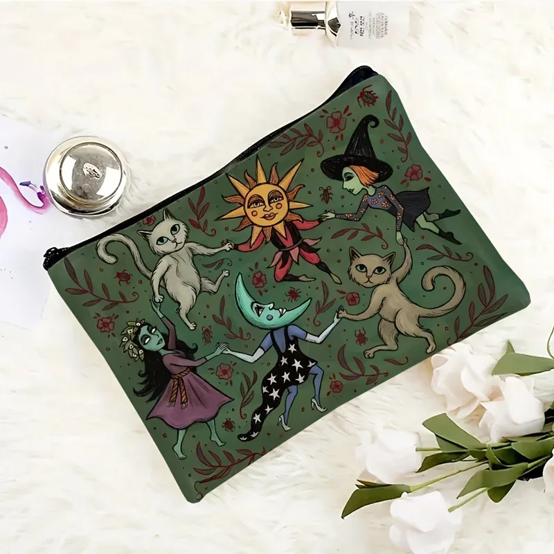 charmante trousse de maquillage forêt, motif fantaisie floral sorcière chat lune étoile, vert foncé, pochette zippée légère pliable faite à la main pour voyage