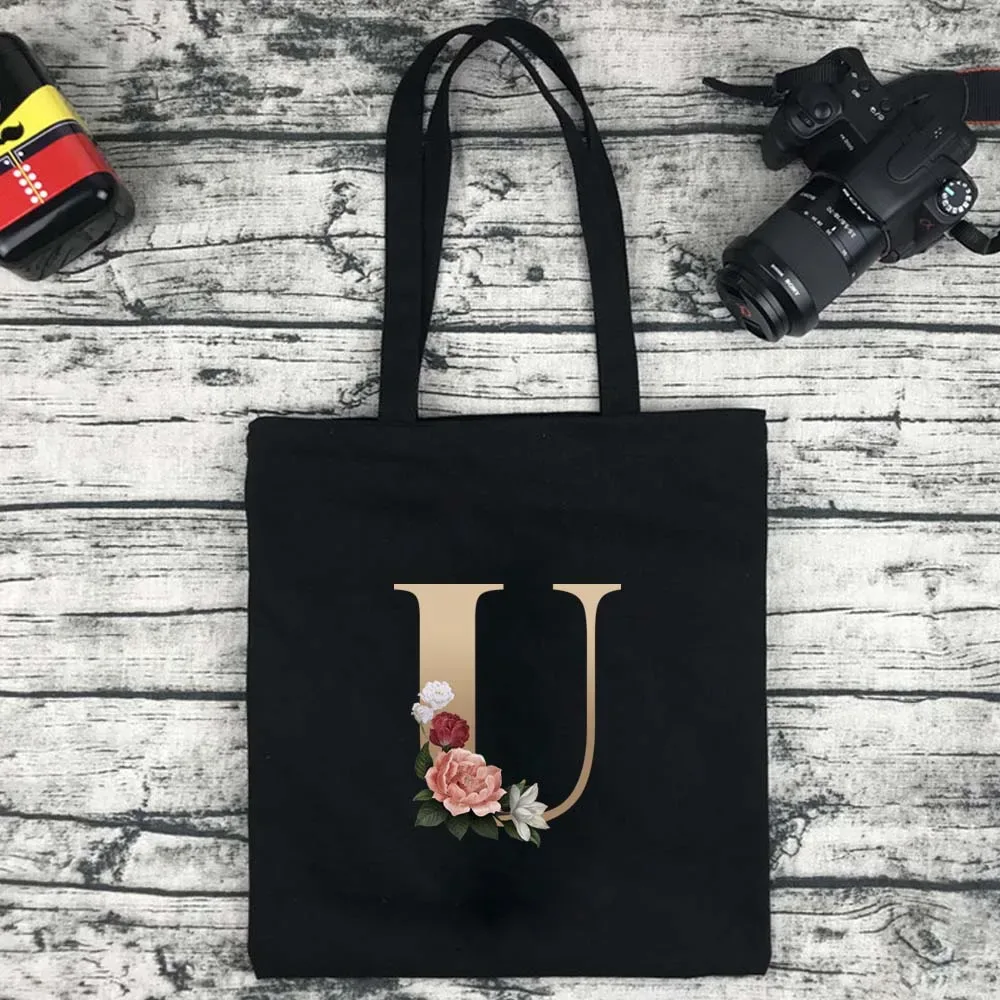 sac de shopping écologique pour femmes, sac à bandoulière portable pliable noir, sac à main réutilisable de grande capacité avec lettres, fourre-tout bolsos