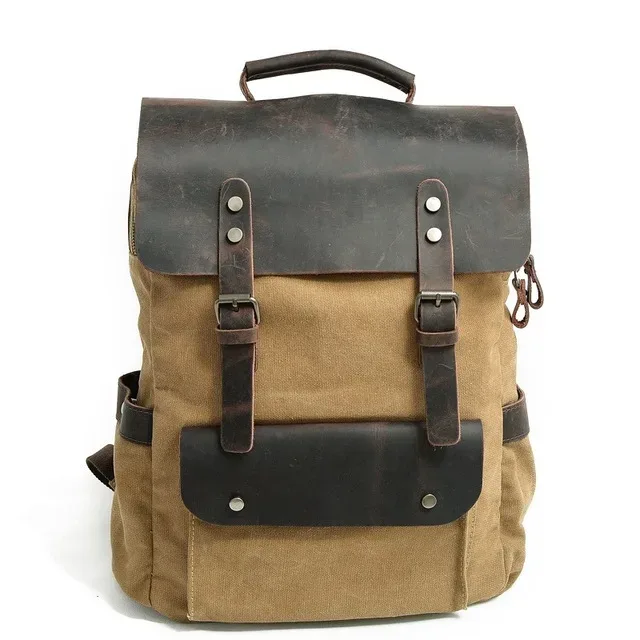 sac à dos pour ordinateur portable en toile cirée pour homme, sac à dos vintage en toile, sac d'école en cuir, sac de voyage neutre portable et résistant à l'usure