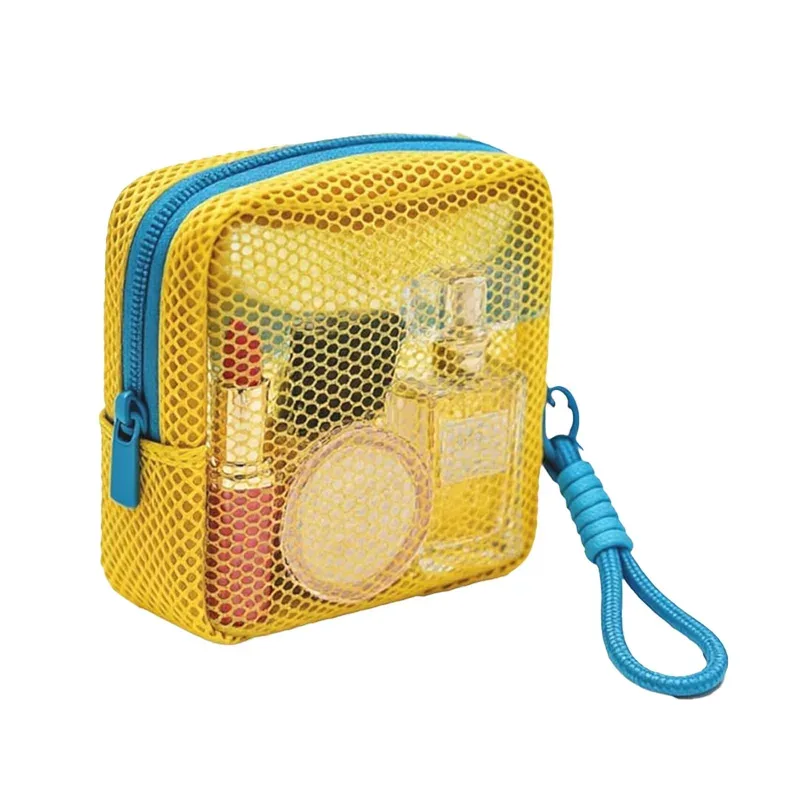 mini sac de maquillage en maille avec design dopamine perspective, sac de rangement pour crème solaire, clés, câbles, avec sangle de poignet amovible