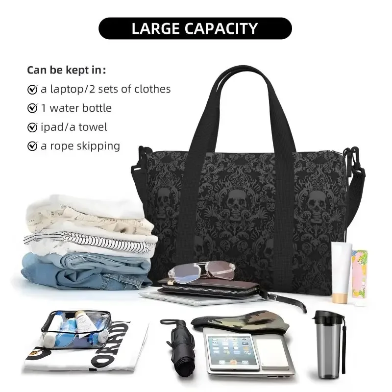 sac de voyage gothique noir imprimé damassé, sacs de week-end polyvalents unisexe décontracté étanche, sac de sport et de yoga