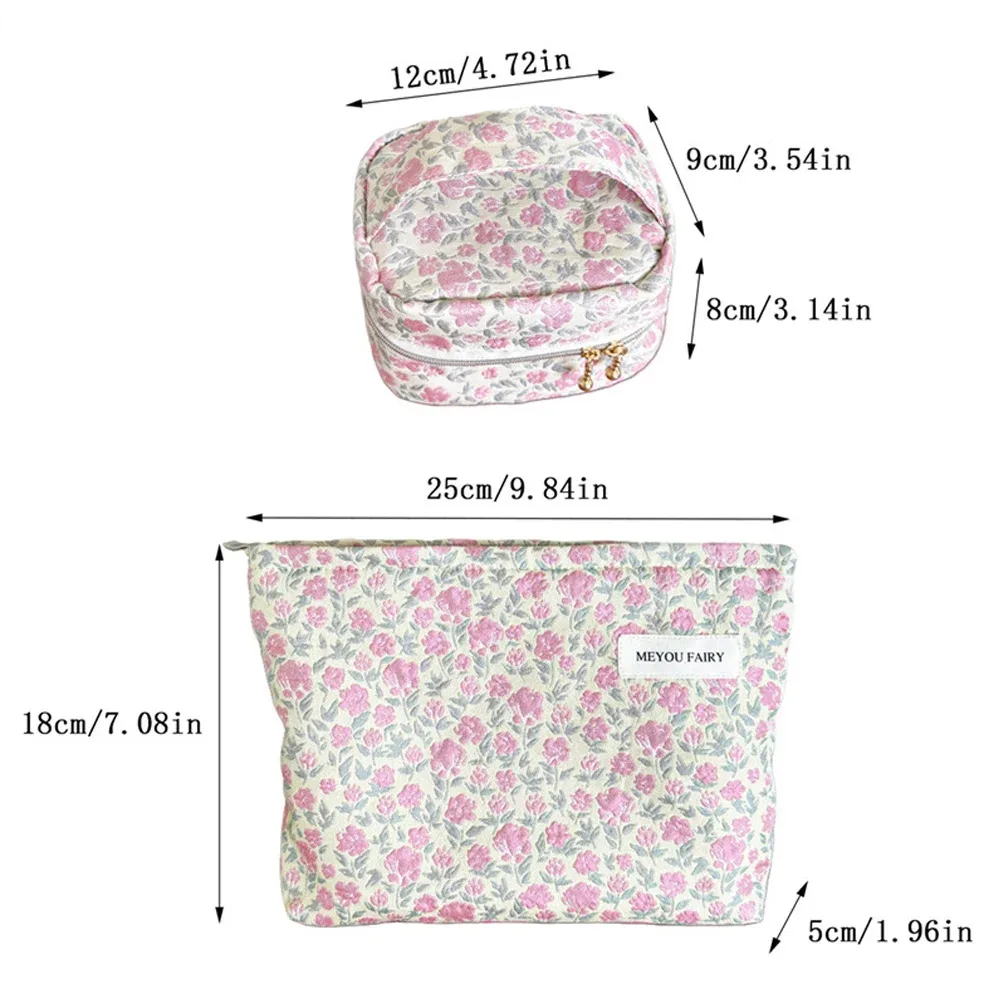 trousse toilette polyester motif floral rose blanc sac rectangulaire poignée métallique sac ovale fermeture glissière accessoires cosmétiques voyage femme