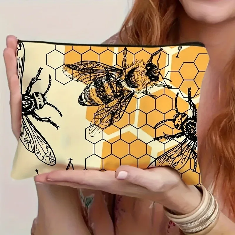 trousse de maquillage à motif d'abeille, 1 pièce, jolie pochette à cosmétiques avec fermeture éclair, design beige et floral, cadeau parfait pour les femmes, anniversaire