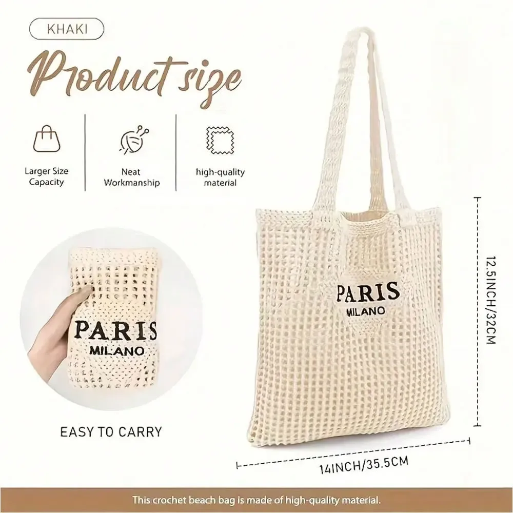 sac fourre-tout tricoté pour femme - sac à bandoulière ouvert avec inscription paris, sac de plage et de voyage respirant, tissu lavable, accessoire de shopping décontracté, design tissé durable, exclusif pour les passionnés de mode