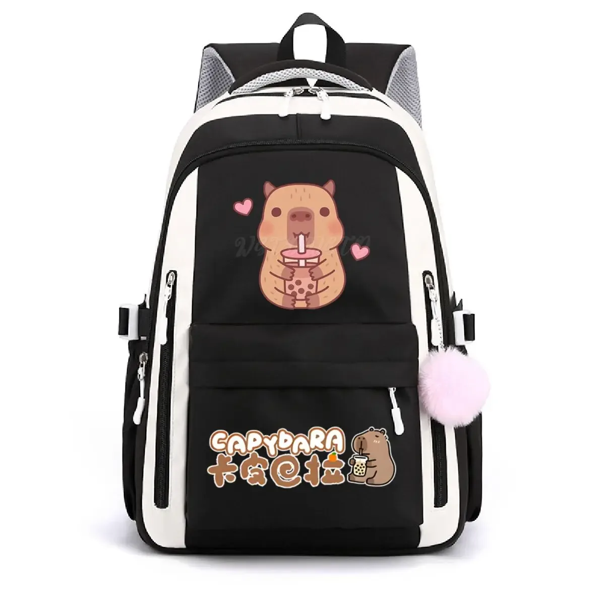 sac dos nylon dessin animé capybara pompon bandes colorées bleu clair rose violet décontracté ordinateur poches ouvertes