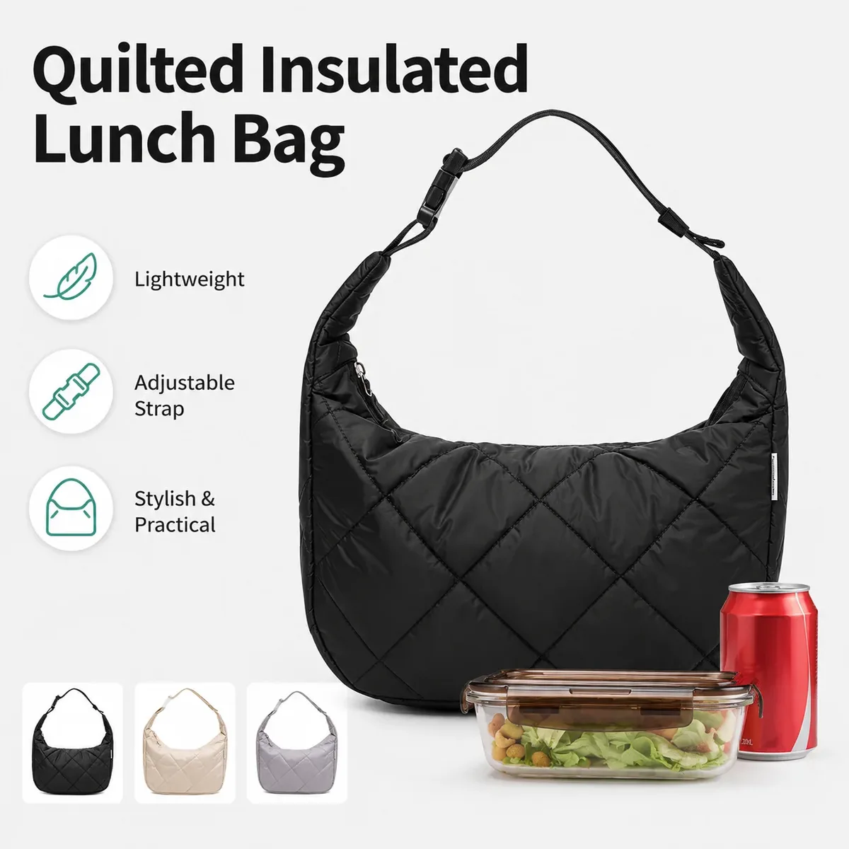 Grand sac isotherme matelassé tendance pour femme, sac fourre-tout thermique imperméable pour le bureau, boîte à bento avec sangle