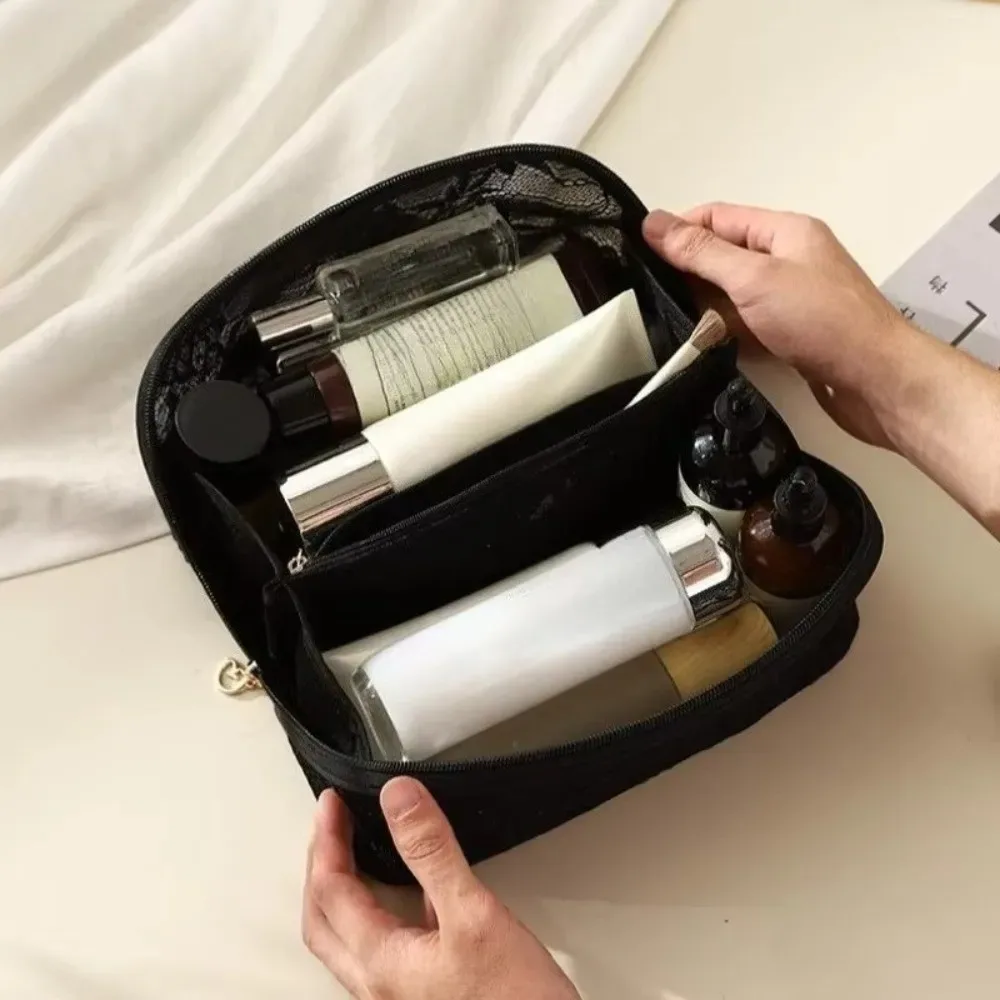trousse de maquillage élégante en dentelle couleur unie grande capacité avec poignée sac de rangement cosmétique respirant trousse de toilette florale plage