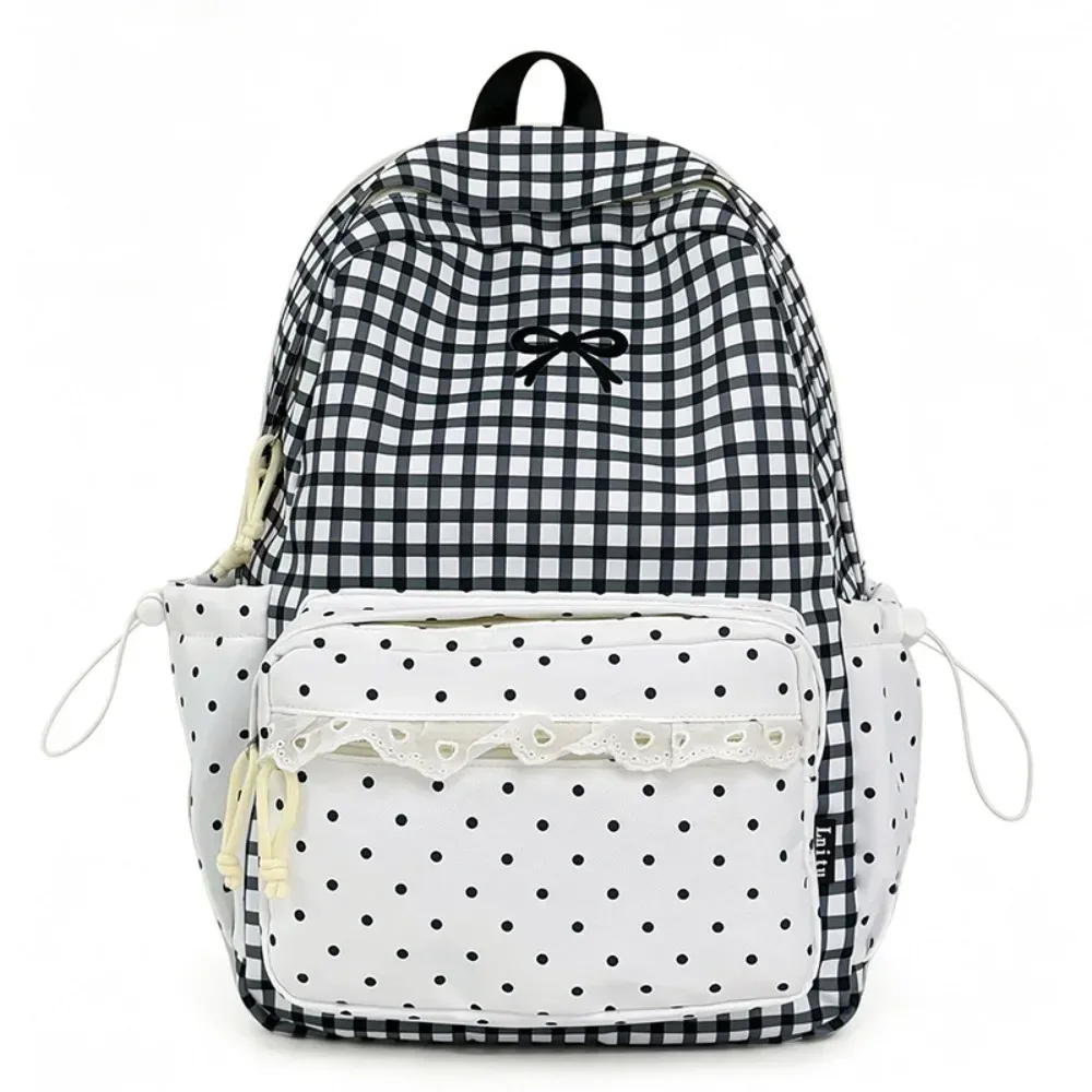 sac à dos tendance à pois, avec nœud, minimaliste, léger, grande capacité, bordure en dentelle, idéal pour les trajets quotidiens.