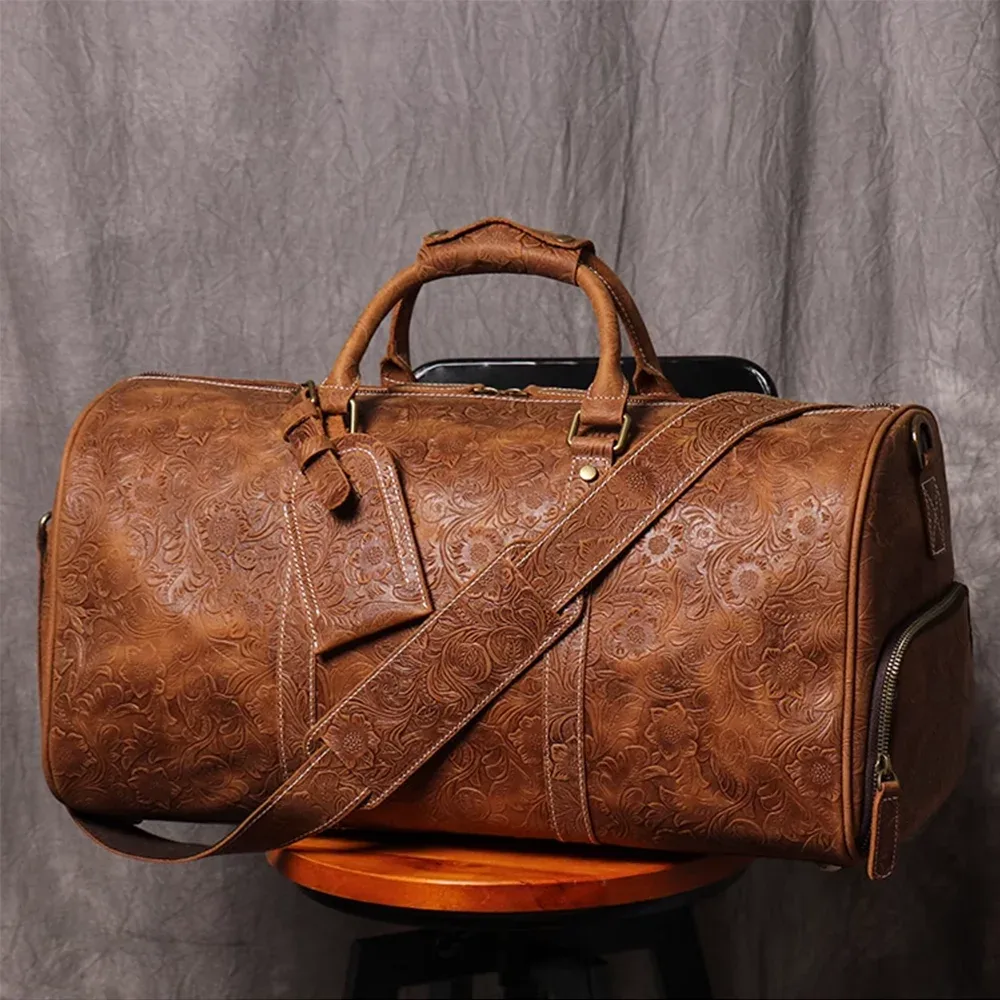 luokir-sac fourre-tout vintage en cuir gaufré, grande capacité, cuir véritable, sac de voyage à court terme pour vêtements et bagages, sac de sport