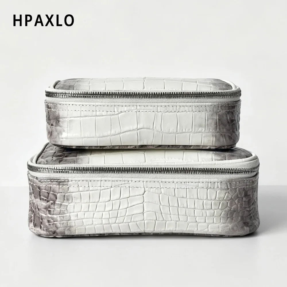 nouvelle trousse de toilette en cuir véritable à motif crocodile, organiseur de voyage, sac à main portable, pochette de rangement pour maquillage avec initiales