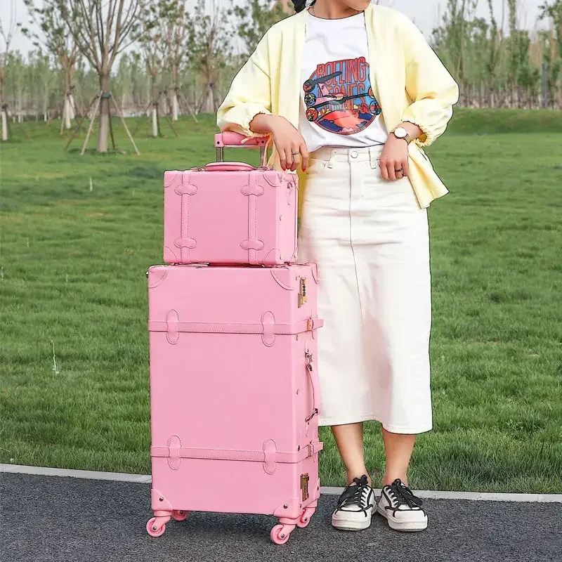 valise à roulettes en cuir pu rétro pour filles, bagage à main, cabine rose, ensemble de bagages de voyage pour femme, 20 po, 2 pièces