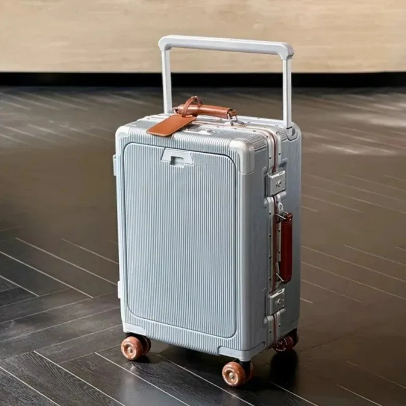 valise à roulettes de poche à ouverture avant, cadre en aluminium, valise à roulettes à poignée large avec roues silencieuses colorées et prise de chargement usb