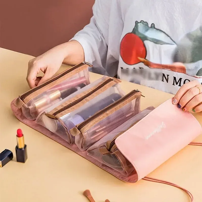sacs de maquillage portables 4 en 1, grande capacité, pliables, pour voyage, rangement de cosmétiques, trousse de toilette, trousse à cosmétiques détachable