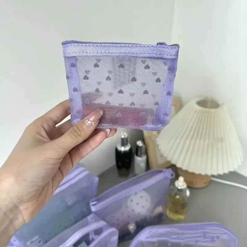 sac de maquillage en maille transparente j]heart, pochette de rangement multifonction portable pour femmes, trousse de toilette pour dames, organisateur de rouge à lèvres