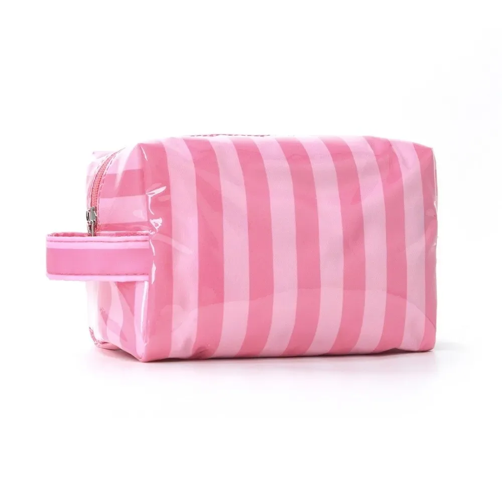 trousse de toilette imperméable rayée grande capacité rose en pvc – organisateur de maquillage portable simple pour voyage – sac de rangement cosmétique pour femme