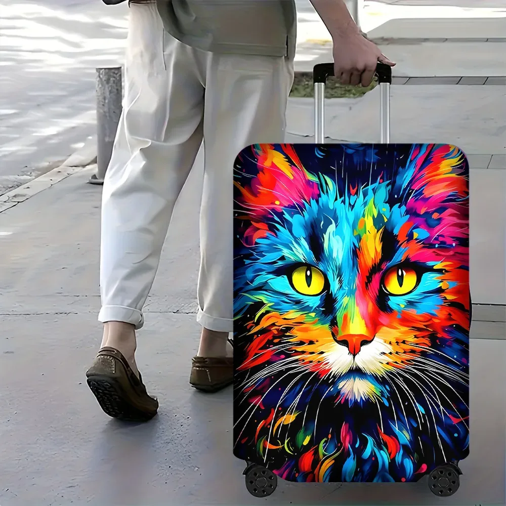 housse valise polyester motif chat yeux jaunes couleurs vivantes poignées rouges noires protection voyage
