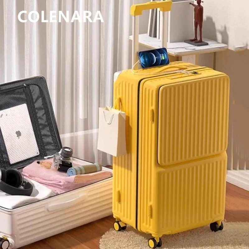 valise bagage roulante plastique dur jaune doré lignes verticales grande capacité voyage business compartiment ordi portable