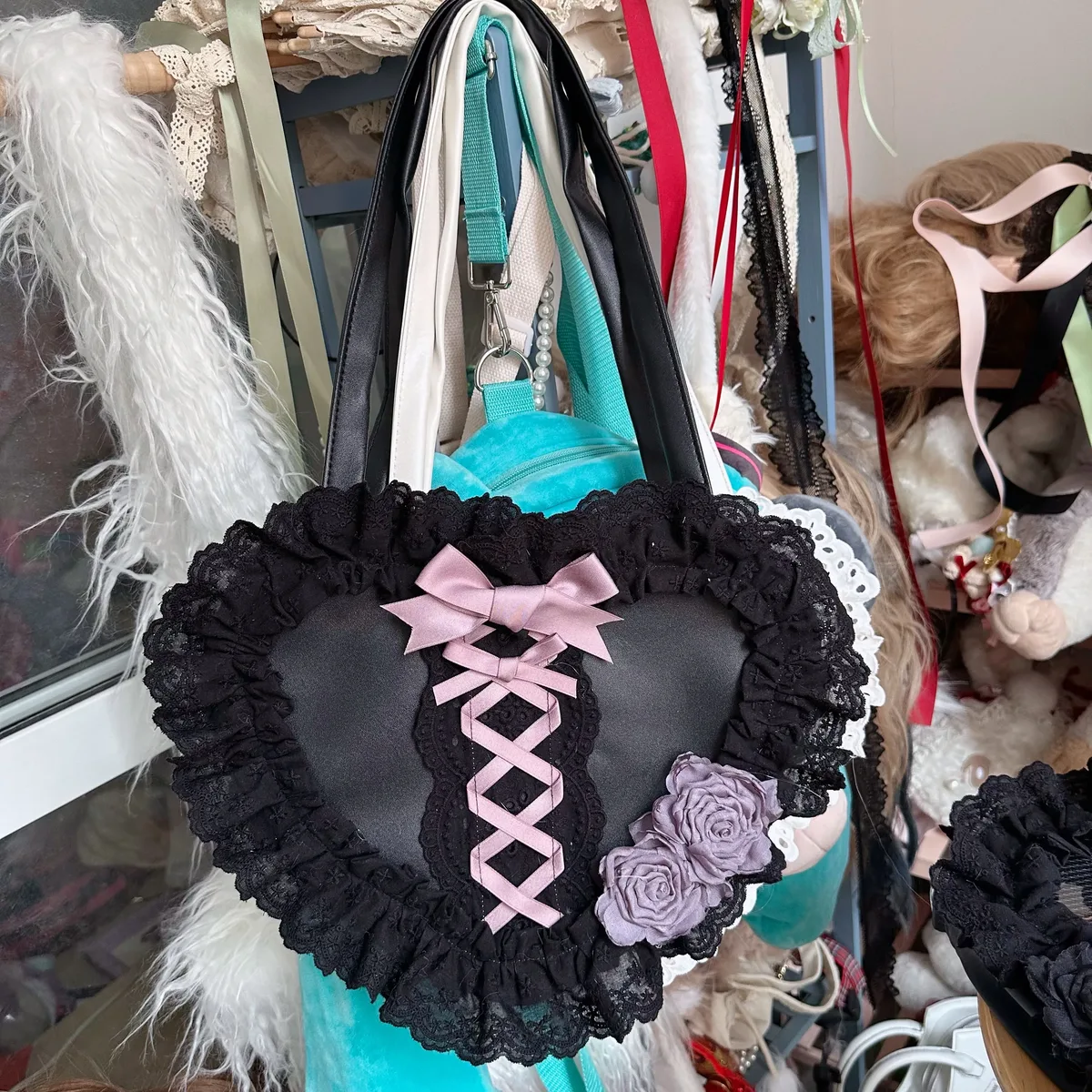 lolita fait à la main amour coeur dentelle fleur mignon sac à bandoulière douce fille étudiants arc fourre-tout sacs à main