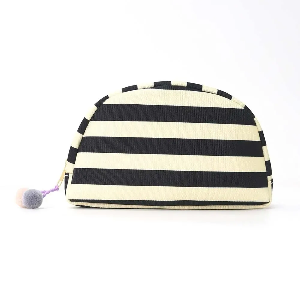 pochette cosmétique rayée durable, légère et portable, forme coquille, couleurs contrastées, pompon, rangement polyvalent