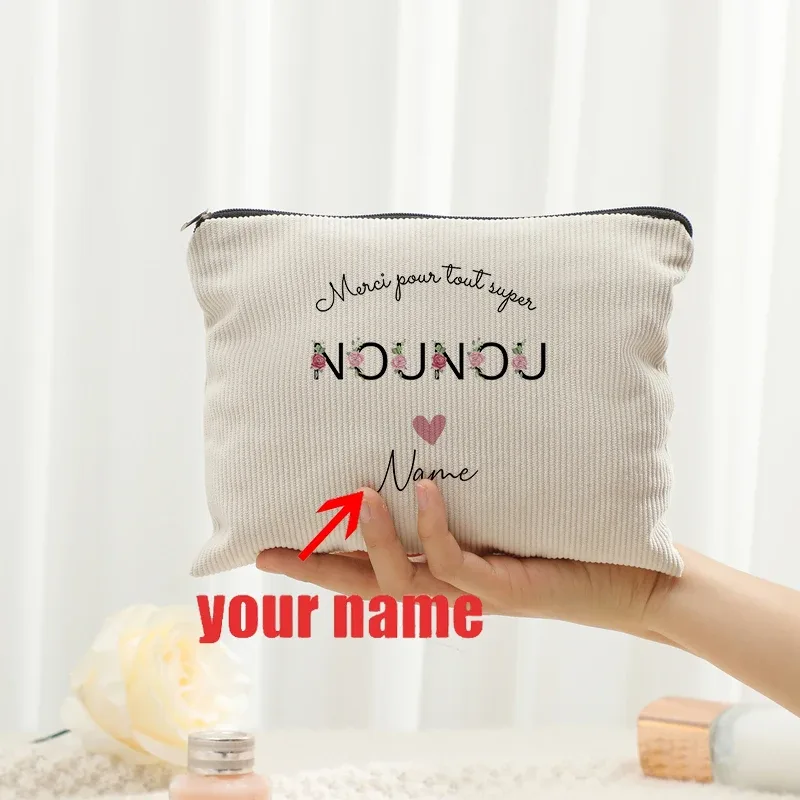 sac de maquillage personnalisé avec nom, lettres fleuries, motifs nounou, pochettes de toilette de voyage, nounou mère femmes, cadeau de remerciement de noël