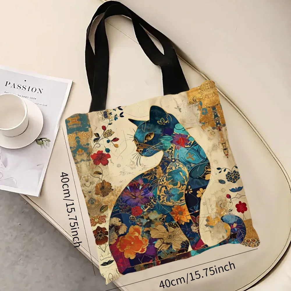 sac à main design floral chat, fourre-tout décoratif à motif rétro, sac à bandoulière à usage quotidien et décontracté, sac de courses pratique de grande capacité