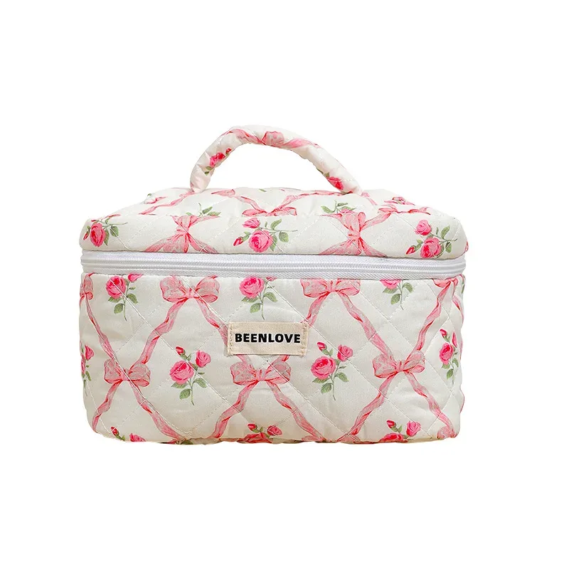 trousse de maquillage de grande capacité, trousse à cosmétiques imprimée de fleurs avec nœud, organisateur de toilette portable à fermeture éclair