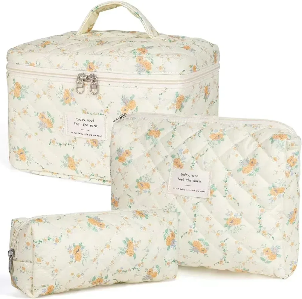 sac de maquillage en coton à fleurs mignonnes pour femmes, 1 pièce, organisateur de cosmétiques à fermeture éclair, sac à main en tissu en forme de boîte, trousse de toilette portable pour filles