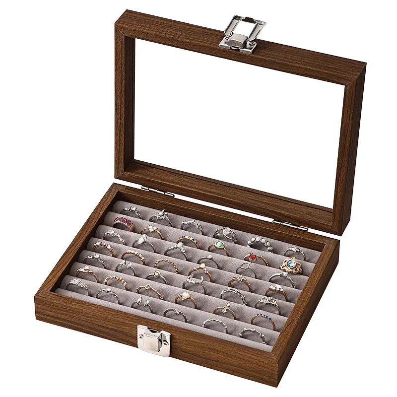 boîte à bijoux motif noyer avec couvercle, étui de rangement pour bagues, boucles d'oreilles, bracelets, chaînes, plateau de présentation en bois dur de style décontracté