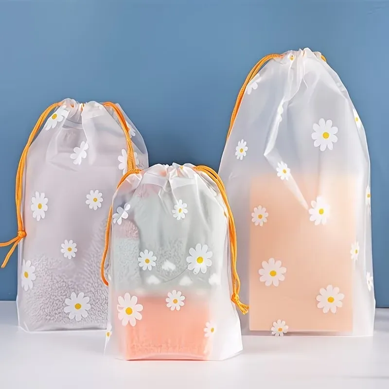 sac en plastique imprimé marguerite, blanc transparent, pliable, sac de voyage imprimé marguerite, adapté au rangement des serviettes, fournitures de voyage, 5/10 pièces