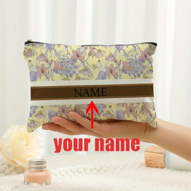 1 pièce trousse de maquillage personnalisée avec nom et motif floral imprimé, sac de rangement de voyage pour articles de toilette, organisateur de cadeaux de fête, pochette cosmétique