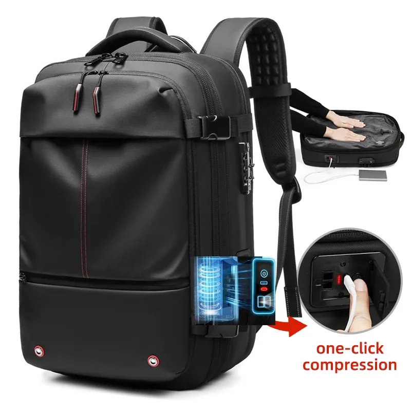 sac à dos de voyage pour homme avec pompe de compression à un clic, sac à dos pour ordinateur portable, randonnée, affaires, 17 pouces, sac à dos scolaire extensible